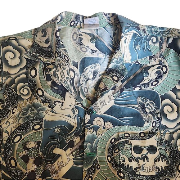 Alohaland Men’s Hawaiian Shirt 4X Tall Tattoo Japanese Geisha Skull Python Asian - Picture 1 of 12
